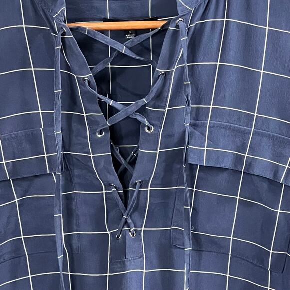 Madewell Silk Windowpane Lace Up Blouse Navy Long Sleeve Size S - Picture 7 of 10